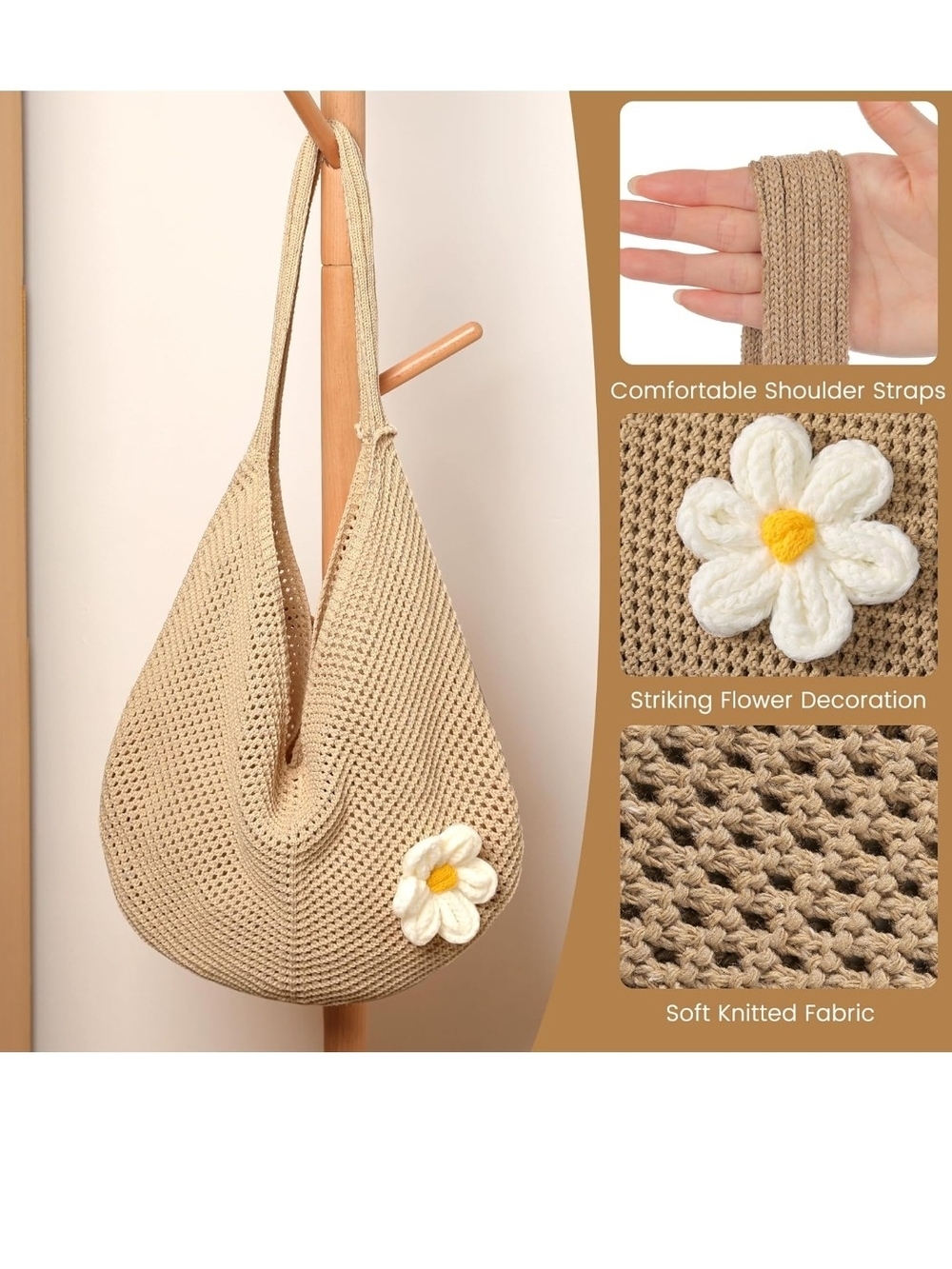 Beige Crochet Daisy-Accent Shoulder Bag - Picture 5 of 6